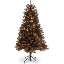 Halloween Christmas Tree-National Tree Company Halloween Pre-Lit Artificial Full Christmas Tree, Black, North Valley Spruce, White Lights, Includes Stand, 4.5 Feet