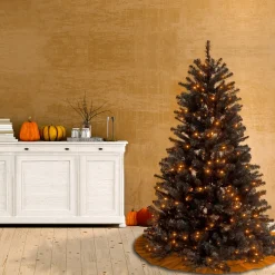 Halloween Christmas Tree-National Tree Company Halloween Pre-Lit Artificial Full Christmas Tree, Black, North Valley Spruce, White Lights, Includes Stand, 4.5 Feet
