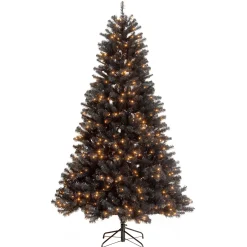 Halloween Christmas Tree-National Tree Company Halloween Pre-Lit Artificial Full Christmas Tree, Black, North Valley Spruce, White Lights, Includes Stand, 7 Feet