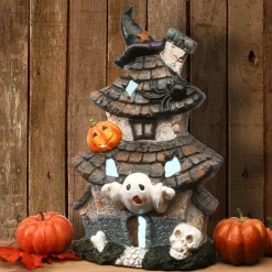 Halloween Table Decoration-National Tree Company Halloween Pre-Lit Multilevel Haunted House Decoration, Led Lights, 18 Inches