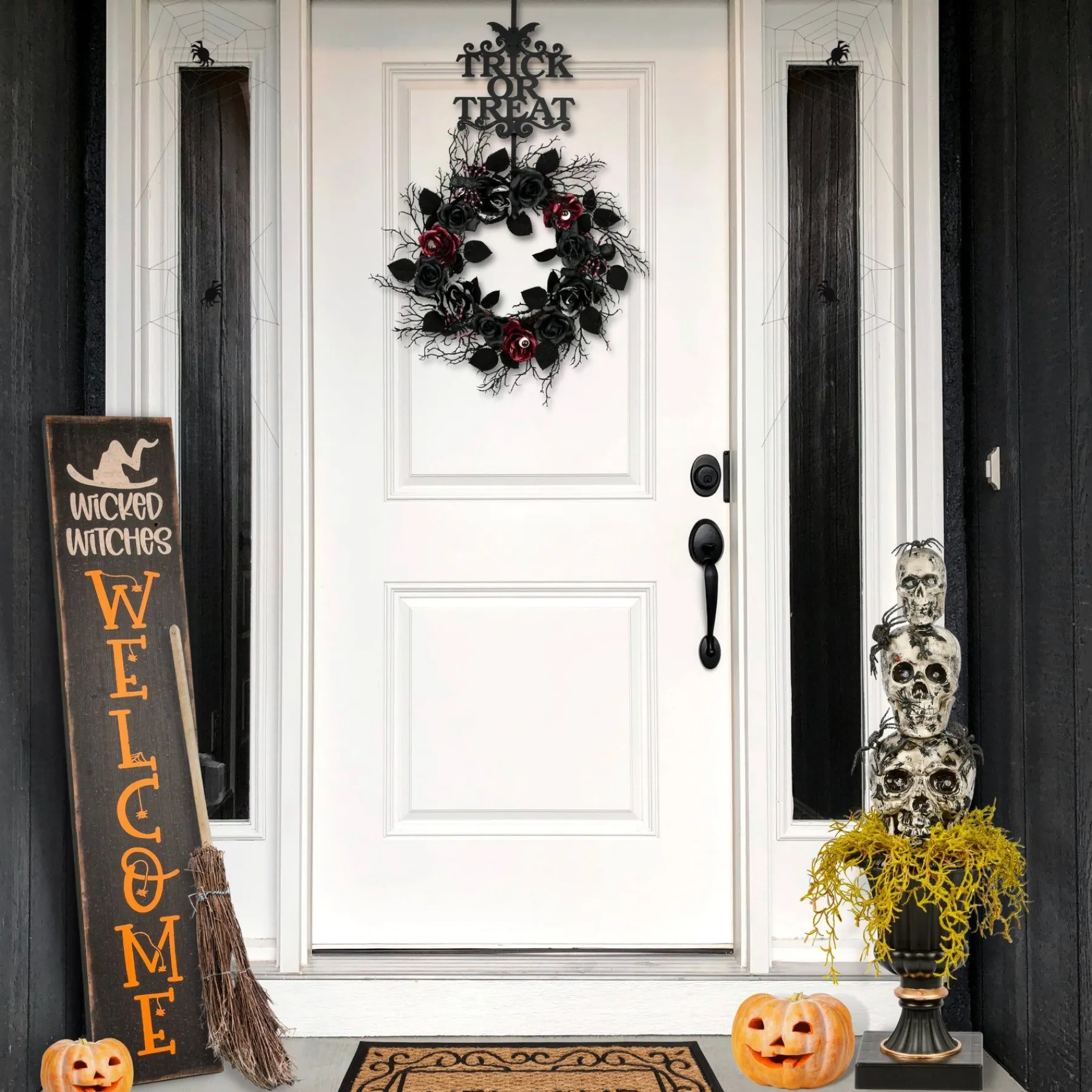 Halloween Table Decoration-National Tree Company Halloween Tabletop Decoration, Black, Skull Tower, Decorated With Spiders, Includes Black Urn, 32 Inches