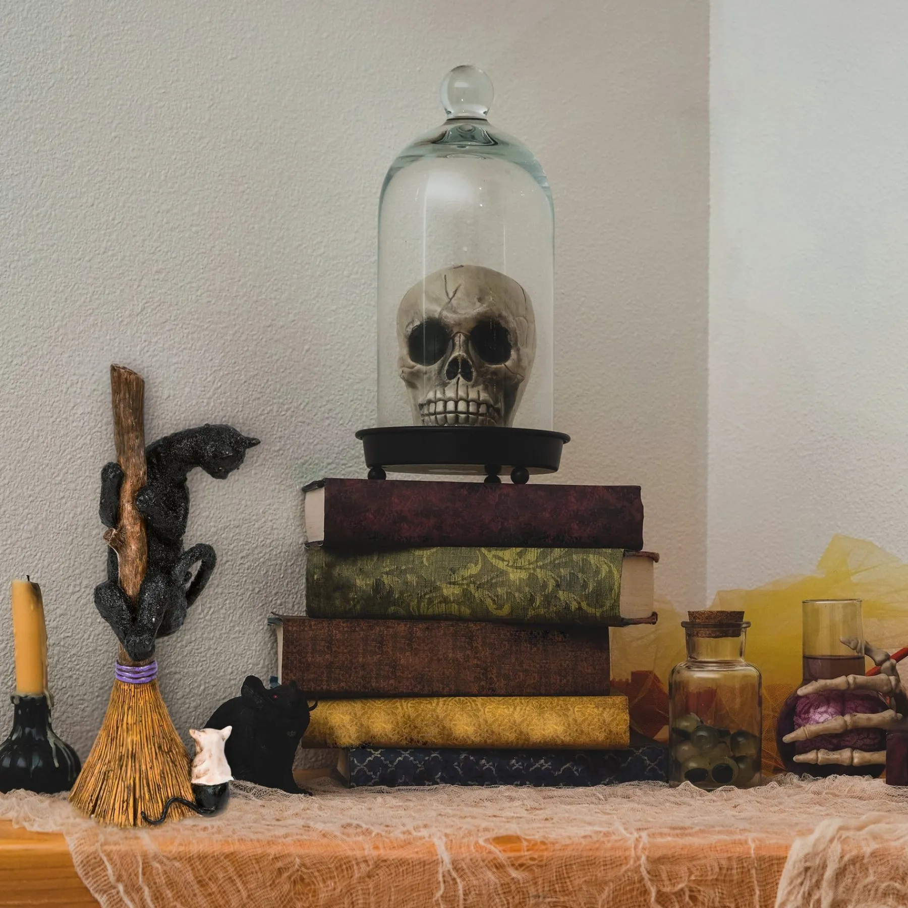 Halloween Table Decoration-National Tree Company Halloween Tabletop Decoration, Black, Black Cat With A Broom, 13 Inches