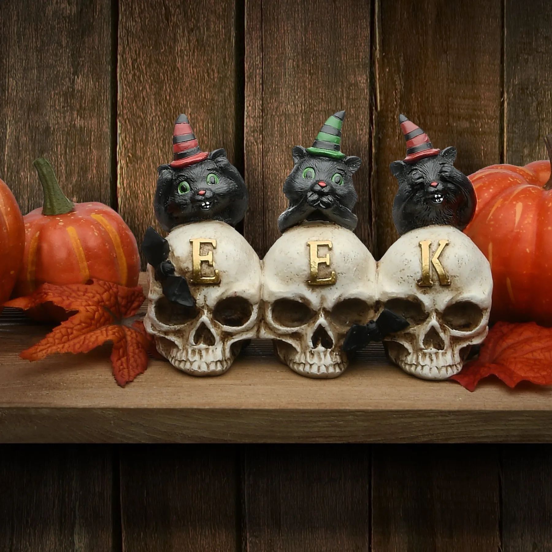 Halloween Table Decoration-National Tree Company Halloween Three Black Cats And Eek Skull Sign Decoration, 5 Inches