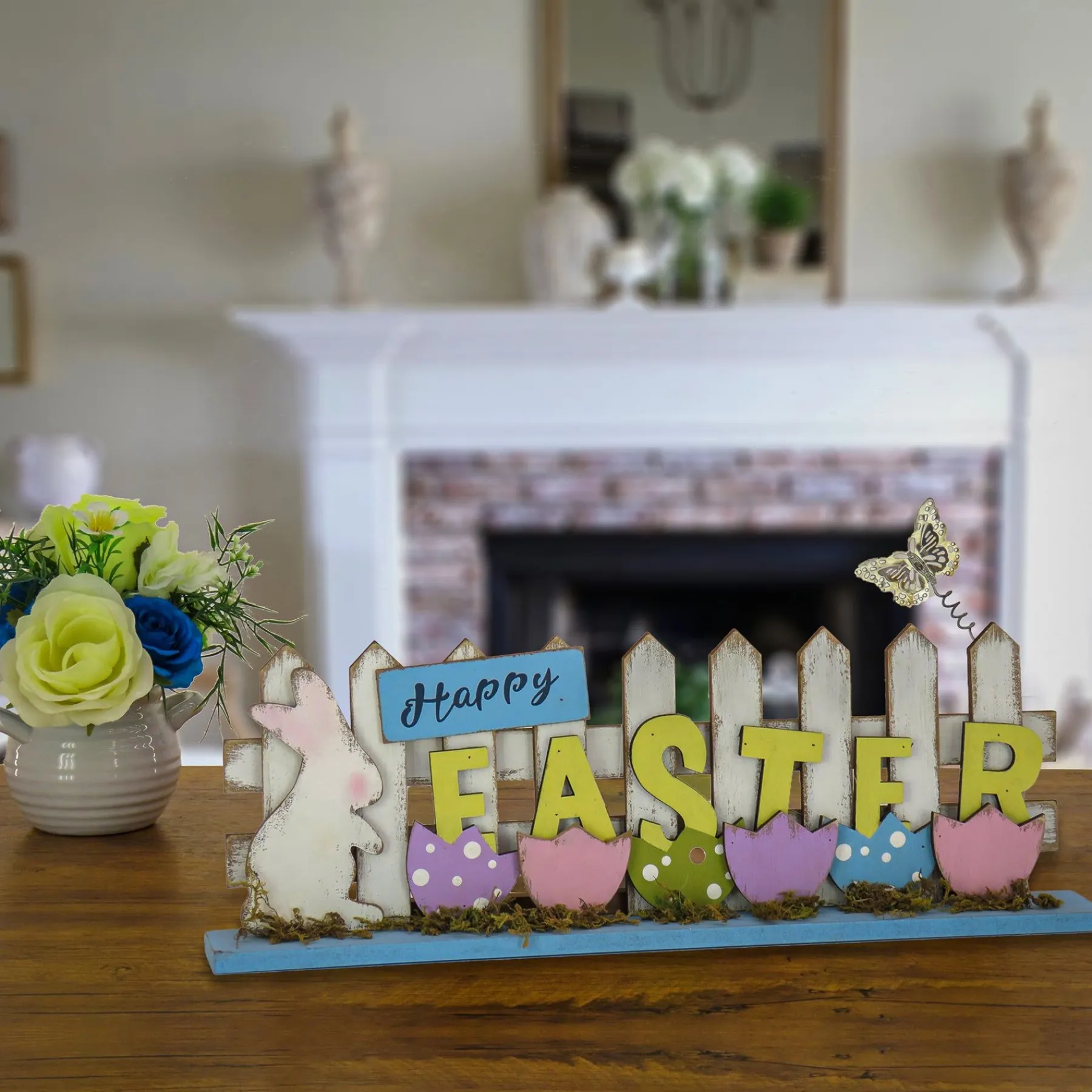 Easter Table Decor-National Tree Company Happy Easter Picket Fence Table Decoration, Designed With Painted Eggs, Bunny, Butterfly, Easter Collection, 16 Inches