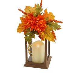 Harvest Accessories-National Tree Company 14"Harvest Harvest Lantern With Mum Flower, Mixed Leaves, Berry