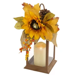 Harvest Accessories-National Tree Company 14"Harvest Harvest Lantern With Sunflower, Mixed Leaves, Pinecone, & Bow