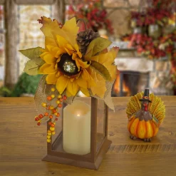 Harvest Accessories-National Tree Company 14"Harvest Harvest Lantern With Sunflower, Mixed Leaves, Pinecone, & Bow