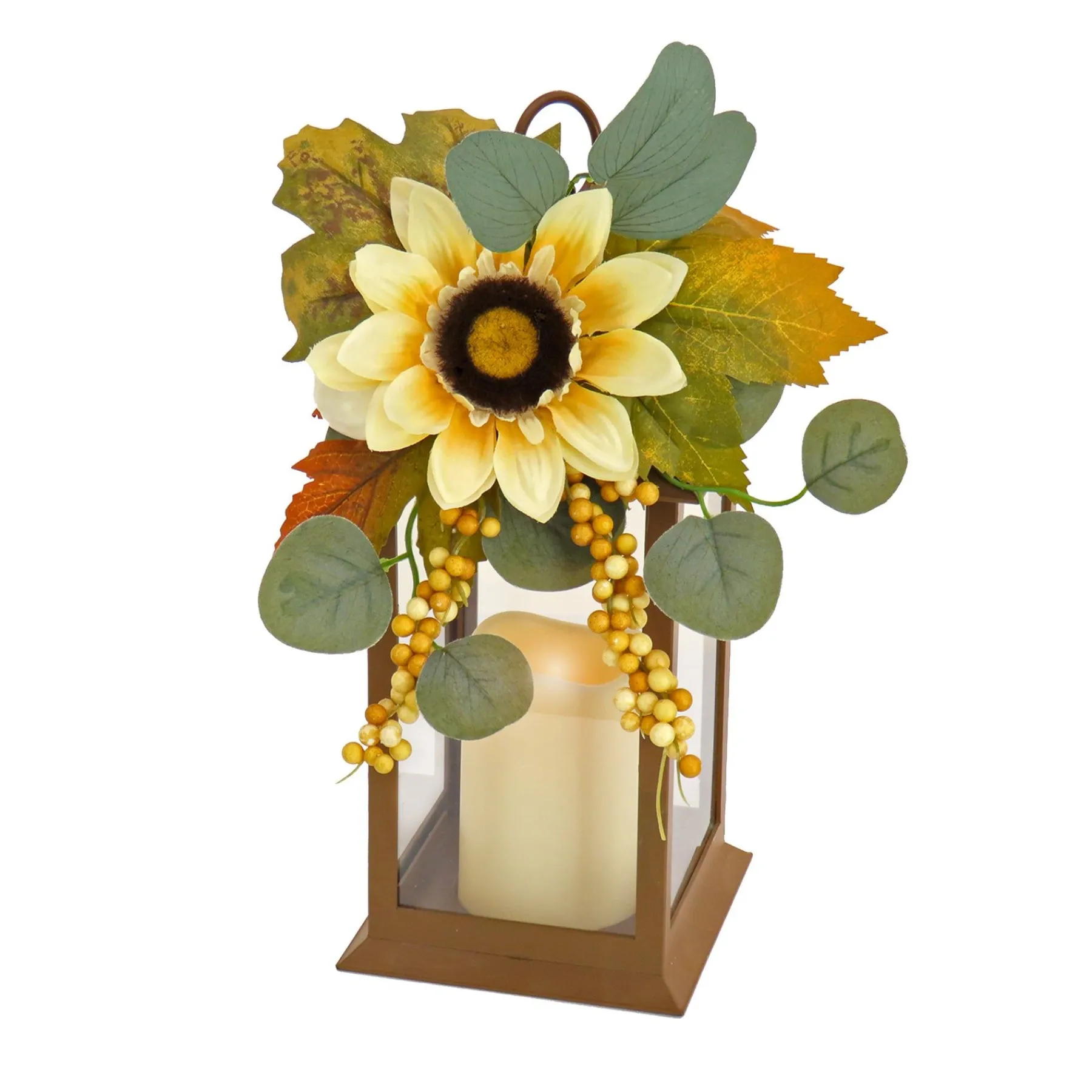 Harvest Accessories-National Tree Company 13"Harvest Harvest Lantern With Sunflower, Maple Leaves, Eucalyptus, Berry