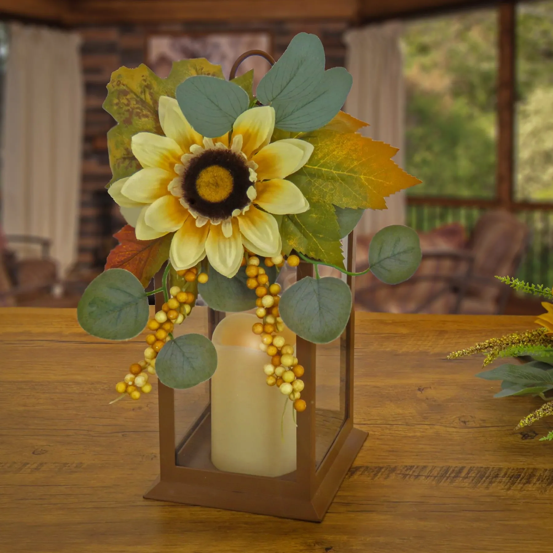 Harvest Accessories-National Tree Company 13"Harvest Harvest Lantern With Sunflower, Maple Leaves, Eucalyptus, Berry