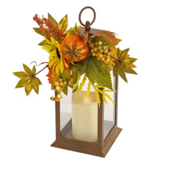 Harvest Accessories-National Tree Company 14"Harvest Harvest Lantern With Sunflower, Mixed Leaves, Berry & Pumpkin