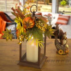 Harvest Accessories-National Tree Company 14"Harvest Harvest Lantern With Sunflower, Mixed Leaves, Berry & Pumpkin