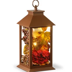 Harvest Accessories-National Tree Company Harvest Lantern With Led Lights, Filled With Pumpkins, Leaves, Flowers, Berry Clusters, 12 Inches