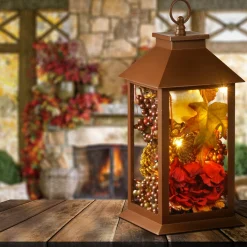 Harvest Accessories-National Tree Company Harvest Lantern With Led Lights, Filled With Pumpkins, Leaves, Flowers, Berry Clusters, 12 Inches