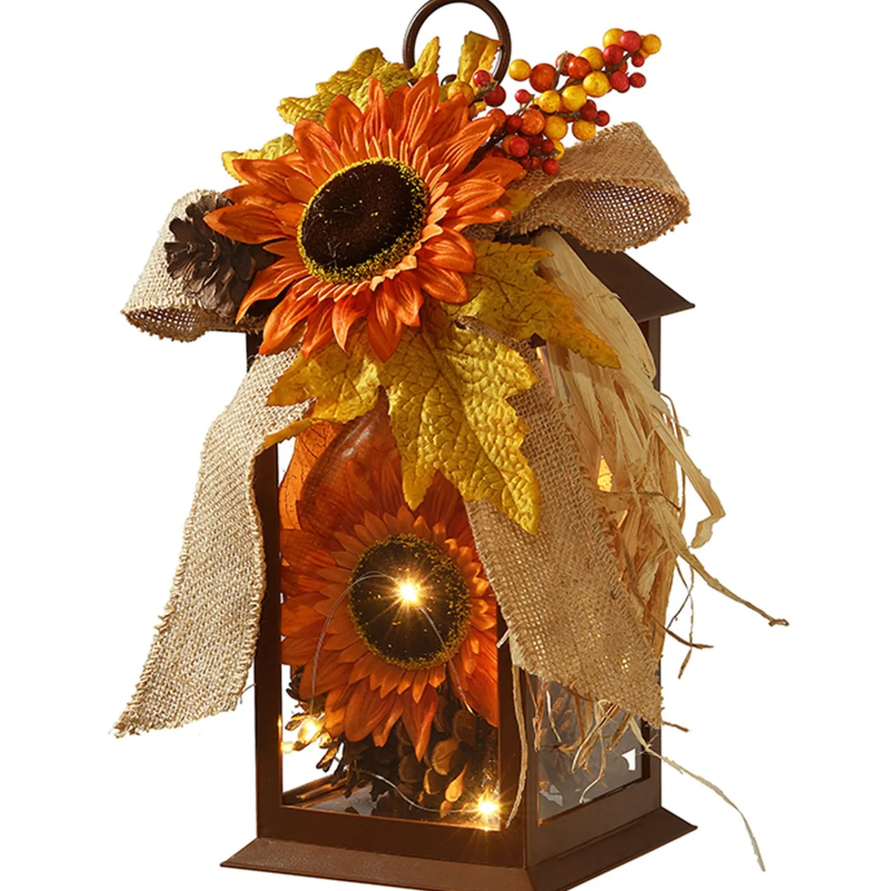 Harvest Accessories-National Tree Company Harvest Lantern With Led Lights, Filled With Sunflower Blooms, Leaves, Pinecones, Berry Clusters, 12 Inches