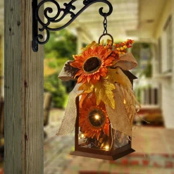 Harvest Accessories-National Tree Company Harvest Lantern With Led Lights, Filled With Sunflower Blooms, Leaves, Pinecones, Berry Clusters, 12 Inches