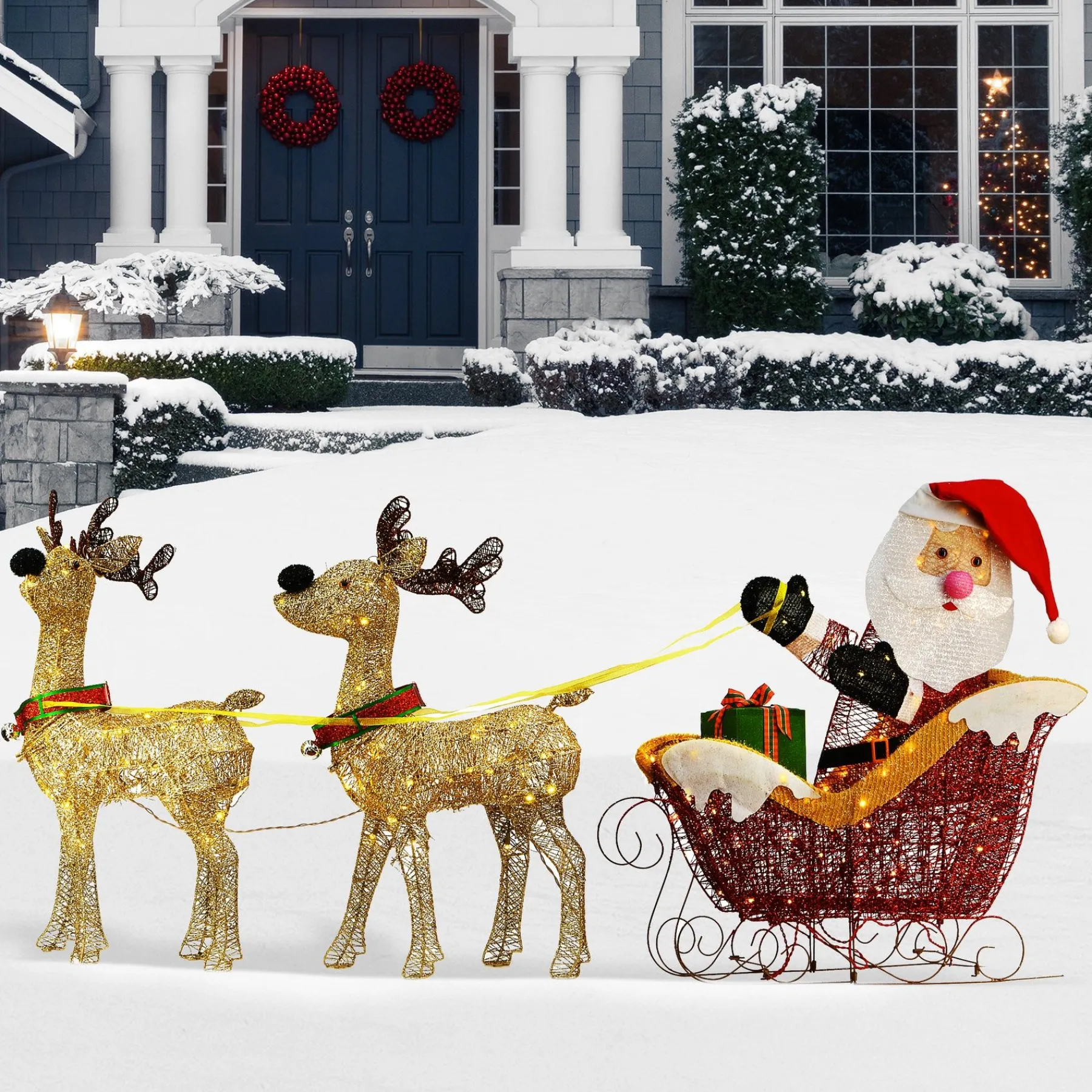 Christmas Outdoor Accessories-National Tree Company 34In. Santa And Reindeer With Clear Lights