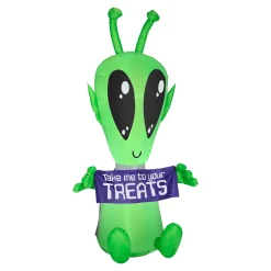 Halloween Inflatable Decoration-National Tree Company Inflatable Decoration, Multi, Alien With Sign, Led Lights, Plug In, Halloween Collection, 7 Feet