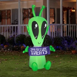 Halloween Inflatable Decoration-National Tree Company Inflatable Decoration, Multi, Alien With Sign, Led Lights, Plug In, Halloween Collection, 7 Feet
