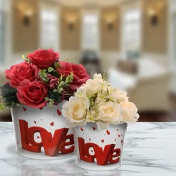 Valentine'S Day Accessories-National Tree Company Love' Tin Pots, White, Decorated With Red Hearts, Valentine'S Day Collection, Pack Of 2