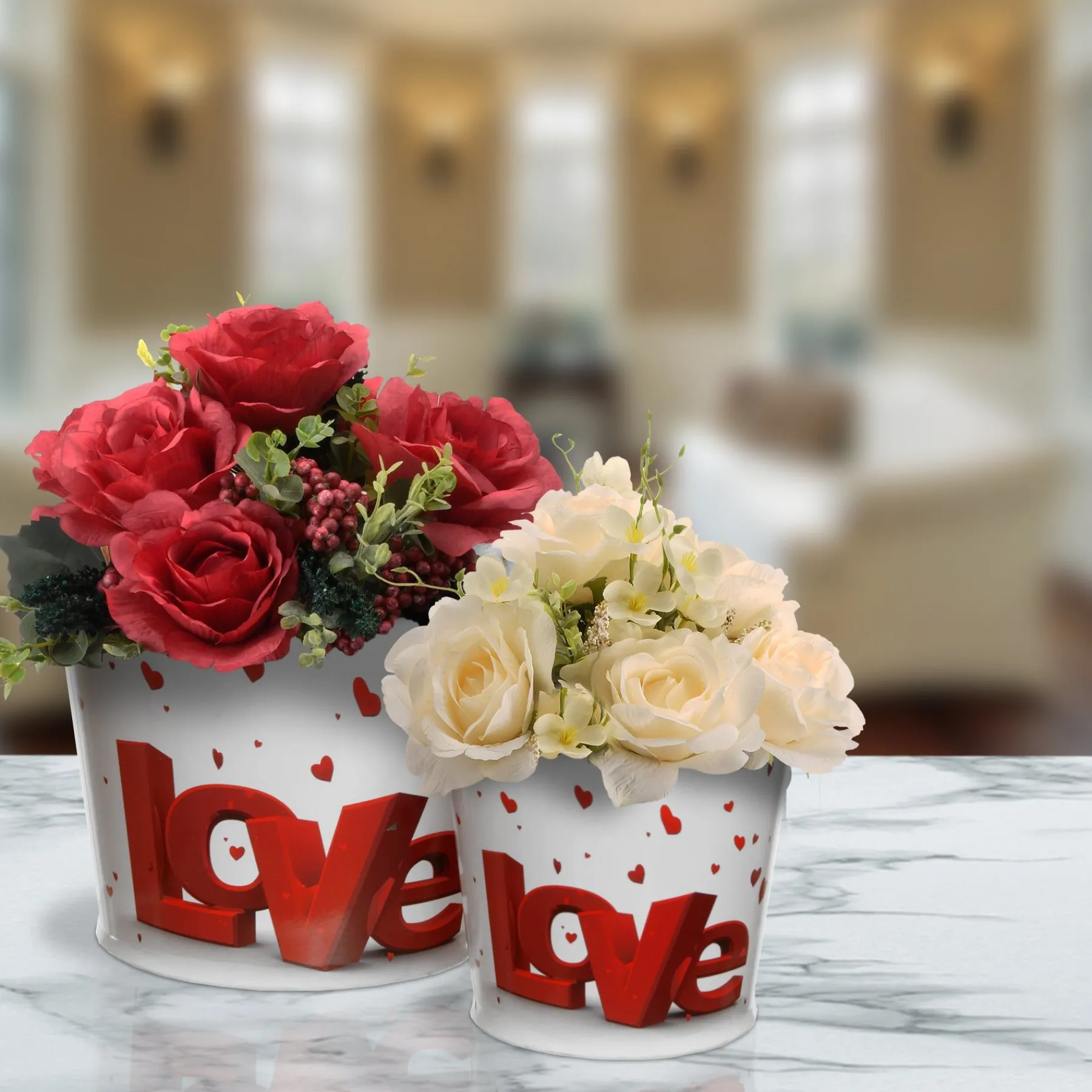 Valentine'S Day Accessories-National Tree Company Love' Tin Pots, White, Decorated With Red Hearts, Valentine'S Day Collection, Pack Of 2