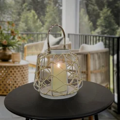 Outdoor Lights-National Tree Company National Outdoor Living Lantern Candleholder, Woven Rope Construction, Glacier Gray, Modern Design And Finish, Includes Metal Handle, 10 Inches