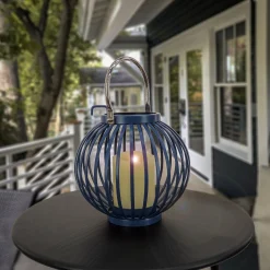 Outdoor Lights-National Tree Company National Outdoor Living Lantern Candleholder, Rounded Shape, Dark Blue, Modern Design And Finish, Includes Metal Handle, 10 Inches