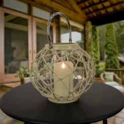 Outdoor Lights-National Tree Company National Outdoor Living Lantern Candleholder, Woven Rope Construction, Bleached Sand, Modern Design And Finish, Includes Metal Handle, 9 Inches