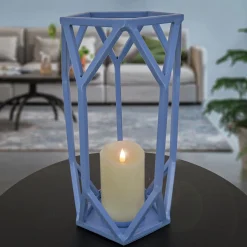 Outdoor Lights-National Tree Company National Outdoor Living Lantern Candleholder, Ice Melt Blue, Modern Design And Finish, Includes Glass Chimney, 14 Inches