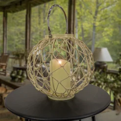 Outdoor Lights-National Tree Company National Outdoor Living Lantern Candleholder, Woven Rope Construction, Bleached Sand, Modern Design And Finish, Includes Metal Handle, 12 Inches