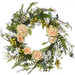 National Tree Company Home & Garden Decor^ Artificial Hanging Wreath, Woven Branch Base, Decorated Pink And White Flower Blooms, Yellow Berry Clusters, Fern Fronds, Spring Collection, 20 Inches