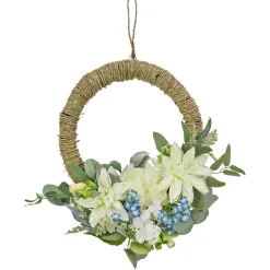 National Tree Company Home & Garden Decor^ Artificial Wreath Decoration, Blue, Woven Hoop Ring Base, Decorated With Dahlia, Peony And Hydrangea Blooms, Seed Pods, Flowing Green Stems, Spring Collection, 20 Inches