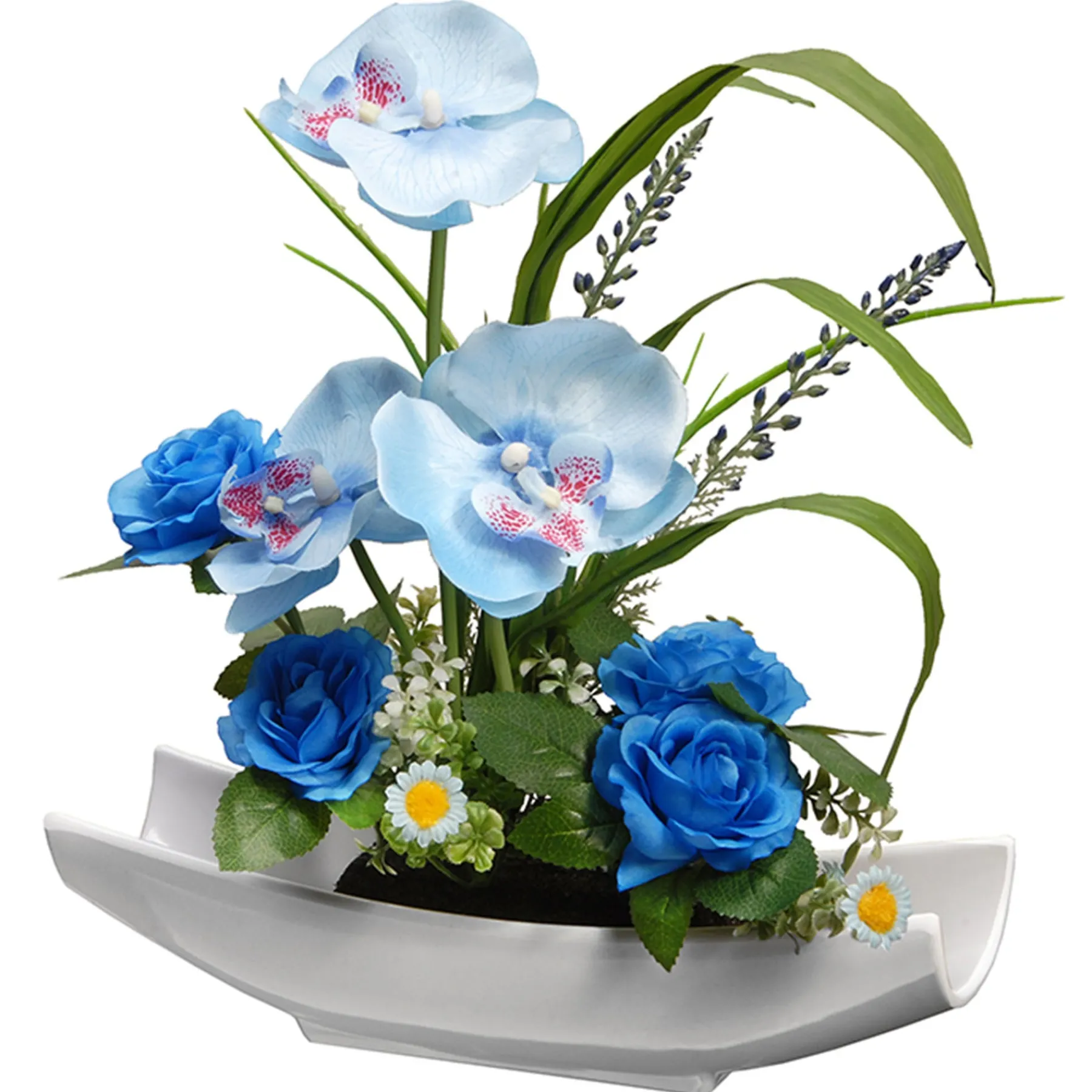 National Tree Company Home & Garden Decor^ Artificial Potted Flowers, White Orchid, Decorated With Blue Roses, Leafy Greens, Includes White Base, Spring Collection, 15 Inches