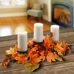 Harvest Accessories-National Tree Company Artificial Fall Centerpiece, Three Candle Holders, Decorated With Sunflower Blooms, Pinecones, Berry Clusters, Maple Leaves, 24 In