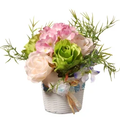 National Tree Company Potted Flower Plants^ Artificial Potted Flowers, Assorted Flower Blooms, Decorated With Leafy Greens, Includes White Wicker Basket Base, Spring Collection, 7 Inches