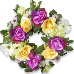 National Tree Company Flower Wreaths^ Artificial Hanging Wreath, Vine Stem Base, Decorated With Colorful Daisies, Hydrangeas, Roses, Leafy Greens, Spring Collection, 18 Inches
