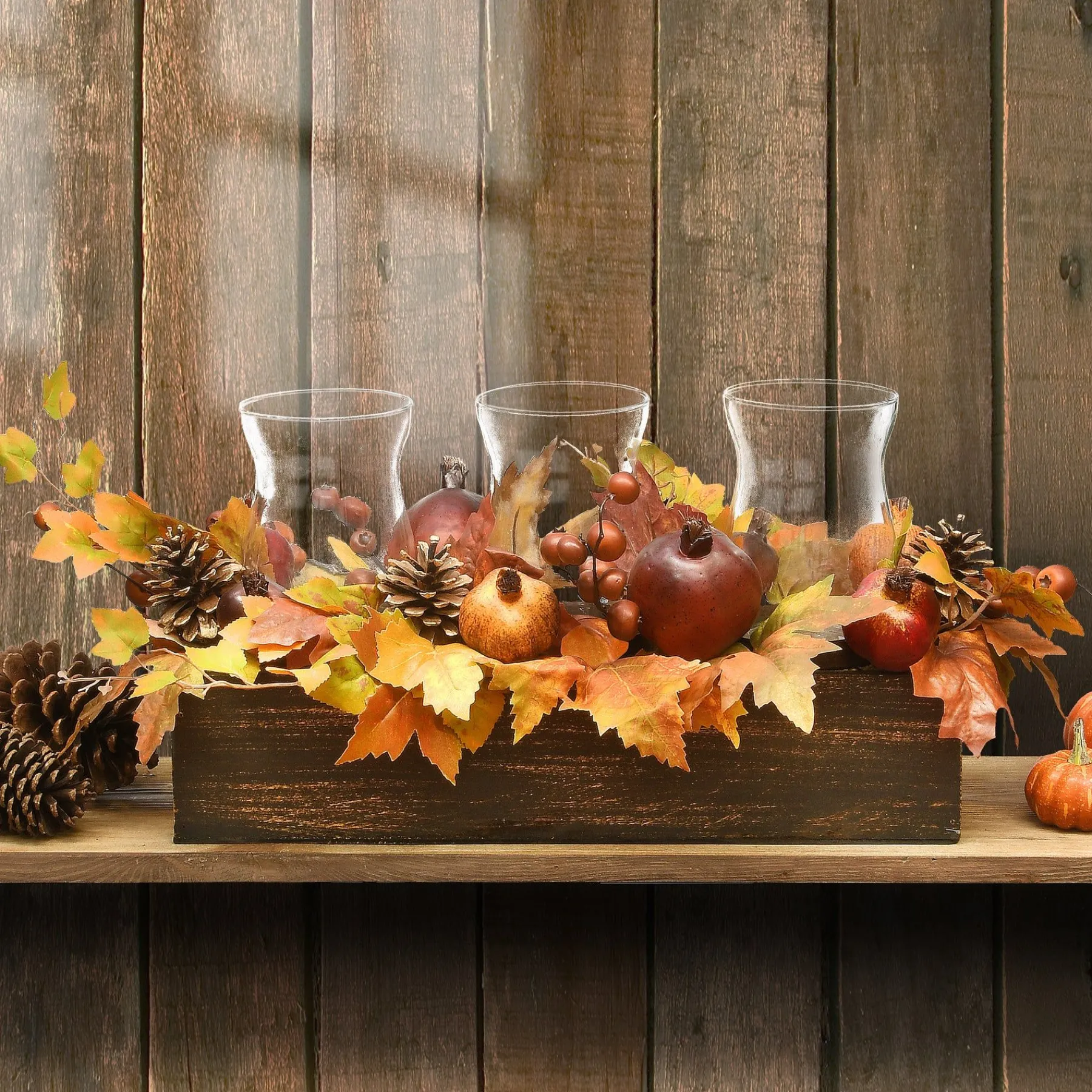 Harvest Accessories-National Tree Company Artificial Autumn Centerpiece, Decorated With Maple Leaves, Pomegranates, Pine Cones, Holds Three Candles, Autumn Collection, 24 Inches