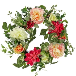 National Tree Company Flower Wreaths^ Artificial Wreath Decoration, Pink, Woven Branch Base, Decorated With Mixed Flower Blooms, Flowing Green Stems, Spring Collection, 22 Inches