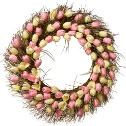 National Tree Company Flower Wreaths^ Artificial Hanging Wreath, Woven Branch Base, Decorated With Yellow And Pink Tulip Blooms, Flowing Green Stems, Spring Collection, 32 Inches