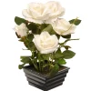 National Tree Company Potted Flower Plants^ Artificial Potted Flowers, White Roses, Includes Black Base, Spring Collection, 11 Inches