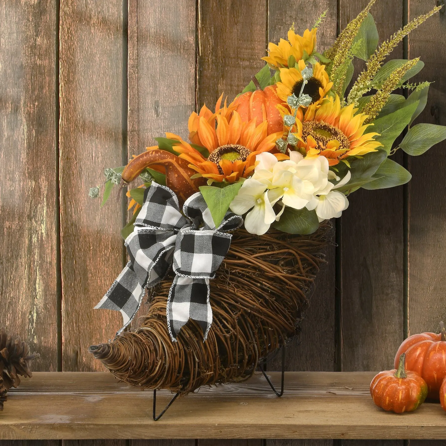 Harvest Accessories-National Tree Company Artificial Wicker Cornucopia Basket Decoration, Decorated With Pumpkins, Sunflower Blooms, Assorted Leaves, Autumn Collection, 20 Inches