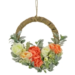 National Tree Company Home & Garden Decor^ Artificial Wreath Decoration, Pink, Woven Hoop Ring Base, Decorated With Peony, Rose And Lamb'S Ear Flower Blooms, Seed Pods, Flowing Green Stems, Spring Collection, 20 Inches