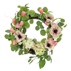 National Tree Company Flower Wreaths^ Artificial Wreath Decoration, Pink, Woven Branch Base, Decorated With Hydrangea And Tulip Blooms, Eucalyptus Leaves, Flowing Green Stems, Spring Collection, 22 Inches