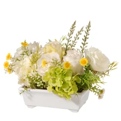 National Tree Company Potted Flower Plants^ Artificial Potted Flowers, White Hyndrangeas And Roses, Decorated With Leafy Greens, Includes White Pot Base, Spring Collection, 7 Inches