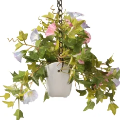National Tree Company Home & Garden Decor^ Artificial Hanging Pot Decoration, White Pot Base, Decorated With Assorted Flower Blooms, Leafy Greens, Includes Metal Hanging Loop, Spring Collection, 9 Inches