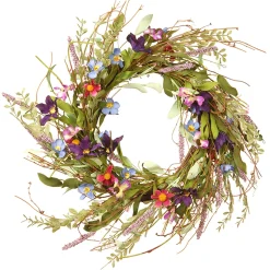 National Tree Company Flower Wreaths^ Artificial Hanging Wreath, Vine Stem Base, Decorated With Blue, Red And Pink Mixed Flower Blooms, Flowing Green Stems, Seed Pods, Spring Collection, 20 Inches