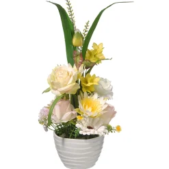 National Tree Company Potted Flower Plants^ Artificial Potted Flowers, White Daises And Roses, Decorated With Leafy Greens, Includes White Pot Base, Spring Collection, 17 Inches