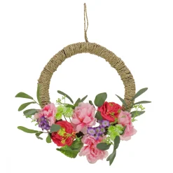 National Tree Company Flower Wreaths^ Artificial Wreath Decoration, Pink, Woven Hoop Ring Base, Decorated With Peony, Rose And Globe Flower Blooms, Seed Pods, Flowing Green Stems, Spring Collection, 16 Inches