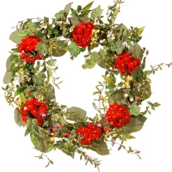 National Tree Company Flower Wreaths^ Artificial Hanging Wreath, Woven Branch Base, Decorated With Red Flower Blooms, Flowing Green Stems, Spring Collection, 32 Inches