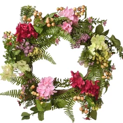 National Tree Company Home & Garden Decor^ Artificial Hanging Wreath, Woven Branch Base, Red, Pink And Yellow Hydrangea Blooms, Berry Clusters, Wild Flowers, Fern Fronds, Spring Colelction, 22 Inches
