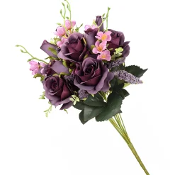 National Tree Company Flower Bouquets^ Artificial Floral Bouquet, Vine Stem Base, Decorated With Deep Purple Rose Blooms, Pink Flowers, Seed Pods, Leafy Greens, Spring Collection, 19 Inches
